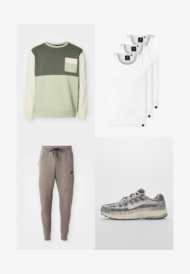 Zelená a krémová farebne blokovaná mikina s dlhými rukávmi, okrúhlym výstrihom a náprsné vrecko. Vyrobená z mäkkého bavlneného materiálu.; Tri biele rebrované tielka vyrobené z bavlny. Majú okrúhly výstrih a malé čierne štítky pri leme. Dostupné v rôznych veľkostiach.; Sivé tepláky Nike s nastaviteľným pásom, zúženými nohavicami, bočnými vreckami a výrazným švom. Mäkká, textúrovaná látka.; Šedá športová obuv so zvrškom z nylonu a semišu, bielymi akcentmi, polstrovanou podrážkou a jedinečným dizajnom s reflexnými prvkami.