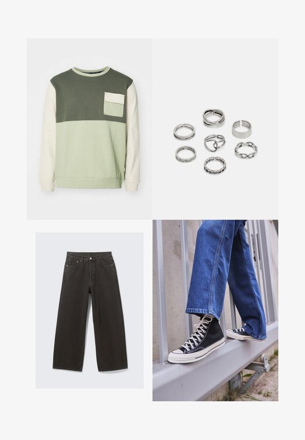 Svetr zelené a krémové barvy s dlouhými rukávy, kulatým výstřihem a kapsičkou na prsou. Vyroben z měkké bavlny.; Džíny s širokými nohavicemi černé barvy mají vysoký pas, design s pěti kapsami a zapínání na knoflíky. Tkanina má jemný a strukturovaný povrch.; Černé vysoké tenisky s bílou podrážkou a tkaničkami, v kombinaci s volnými modrými džíny, odpočívající na šedém zábradlí.; Sada sedmi stříbrných prstenů s různými vzory, včetně zamotaných, propletených a rytých motivů. Různé tvary a šířky.