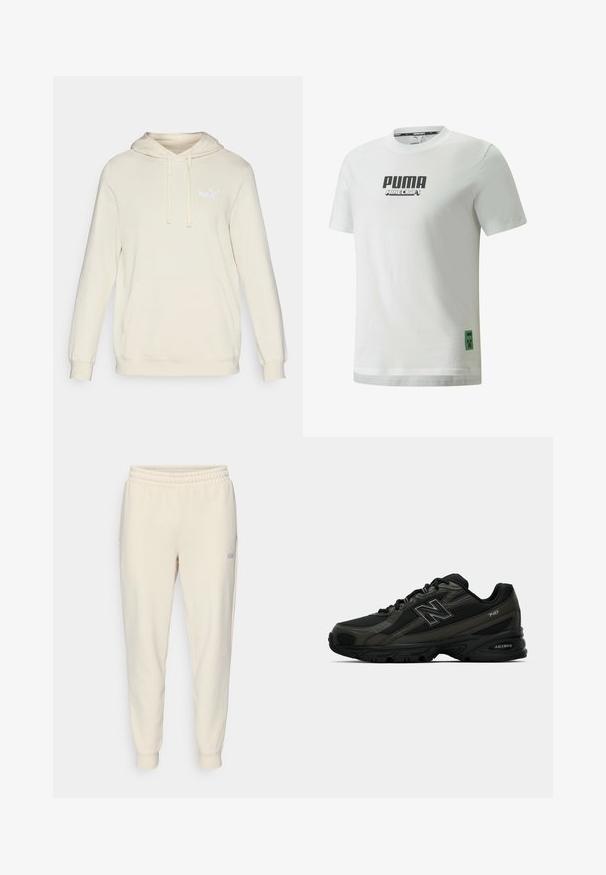 Cream-colored hoodie with long sleeves, adjustable drawstring hood, and front kangaroo pocket. Features subtle white Puma logo on chest.; White cotton t-shirt featuring black "PUMA" and "MINECRAFT" logos on the front, with a green Minecraft Creeper emblem at the hem.; Light beige drawstring sweatpants, featuring elastic waistband, cuffed ankles, side pockets, and a small logo on the left thigh.; Black athletic shoes with a textured synthetic upper, featuring a cushioned sole and prominent "N" logo on the side. Design includes lightweight mesh sections.