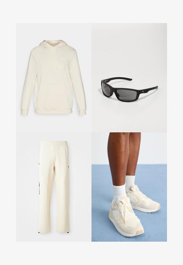 Kremeni dukserica s kapuljačom dugih rukava, podesivim vezicom i prednjim kengur džepom. Sadrži suptilni bijeli Puma logo na prsima.; Svijetlosmeđi dukserice hlače izrađene od mekog materijala. Sadrže crni logo, bočne džepove sa zatvaračima i opušteni kroj.; Svijetlosmeđi atletski tenisice s mrežastom i suđenom teksturom. Imaju logo, vezanje na vezice i mekanu đon. Nosite ih s bijelim čarapama.; Crne sunčane naočale s mat završetkom, pravokutnim lećama i istaknutim logotipom na sljepoočnici. Polarizirane leće, UV zaštita.