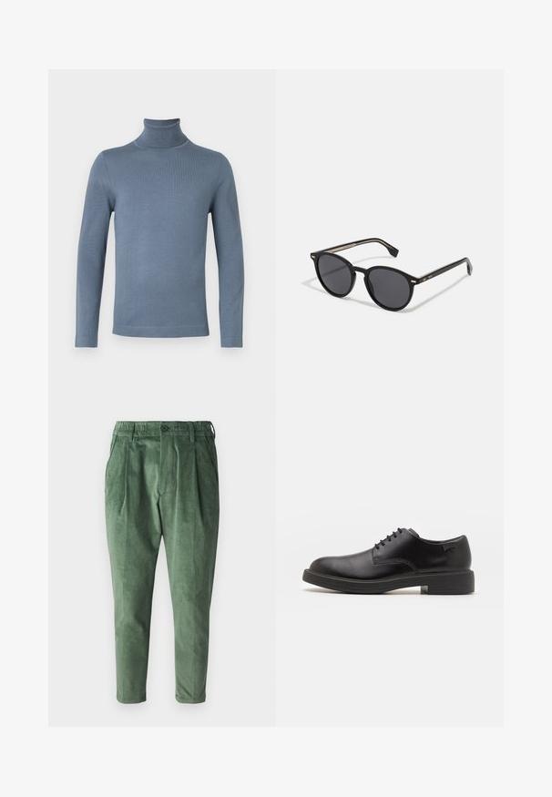 Helles blauer, langärmeliger Rollkragenpullover mit einer schlichten, glatten Stricktextur und figurbetontem Schnitt auf einem weißen Hintergrund.; Grüne Corduroyhose mit normalem Schnitt, mit Falten, elastischem Bund und einem einzigen Knopfverschluss. Geschmeidiger, strukturierten Stoff.; Schwarzer Leder-Schnürschuh mit abgerundetem Zeh, glatter Textur, minimaler Naht und niedrigem Gummiabsatz. Logo auf der Ferse.; BOSS Sonnenbrille - black