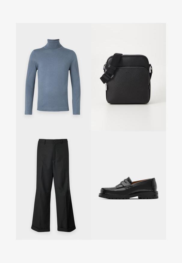 Lichtblauwe langetermijn turtleneck trui met een effen, gladde breistekstuur en een aansluitende silhoeet op een witte achtergrond.; Zwarte wijde broek met knoopsluiting in de taille en omgeslagen pijpen, getoond tegen een effen witte achtergrond.; Zwarte leren instappers hebben een verhoogde naad, twee decoratieve banden op de bovenkant en een dikke, gestructureerde zool voor extra grip.; Zwarte leren schoudertas met een gestructureerd oppervlak, voorzien van een voorzak met rits, een verstelbare schouderband en metalen accenten.