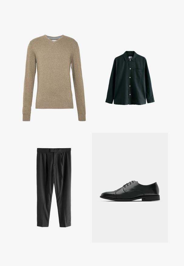 V-kaelusega sviiter, mis on valmistatud pehmest, heledast pruunist kudumstoffist, millel on pikad varrukad ja soonikust mansetid ning hem. Kangal on peent tekstuuri.; Tume roheline nööbitav särk, millel on krae, pikad varrukad ja üks rindade tasku; sisaldab valgeid nööpe ja pehmet tekstuuri.; Next REGULAR FIT -CHECK SMART - Chino-püksid - black; Must must esine tugeva varbaga, luku kinnitusega, peente õmblustete detailidega ja madala kontsaga. Sile tekstuur ja poleeritud viimistlus.