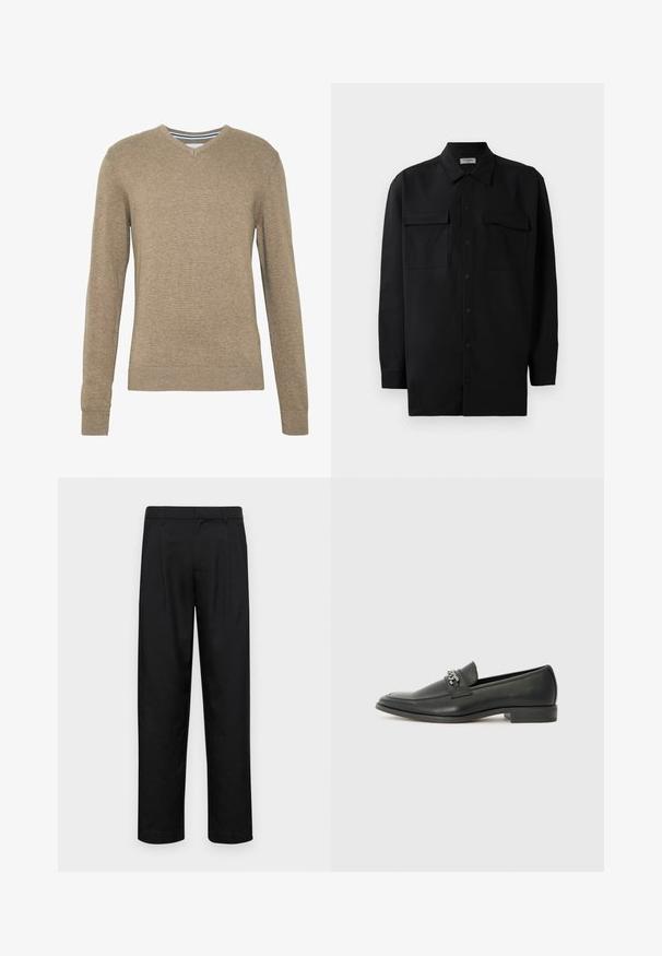 V nyakú pulóver puha, világosbarna kötött anyagból, hosszú ujjal és bordás kézelővel valamint aljjal. Finom textúra az anyagon.; Fekete gombos ing, sima anyagból készült, klasszikus gallérral, két elülső zsebbel és hosszú ujjakkal, amelyek gombos mandzsettával záródnak.; Fekete nadrág sima anyagból, egyenes szárú fazonnal, két elülső redővel és közönséges derékkal, övhurkokkal.; Fekete bőr loaferek sima felülettel, varrott mintával és díszítő fém lánccal a cipő elején. Lapos sarok.