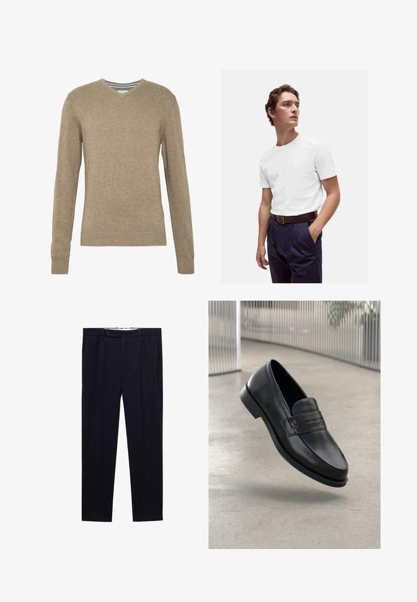 V-hals sweater lavet af blødt, lysebrunt strikstof med lange ærmer samt ribbede manchetter og kant. Subtil struktur i hele stoffet.; Hvid bomulds T-shirt med rund halsudskæring, båret med marineblå plisserede bukser og et brunt læderbælte med en guldbuckle.; Mørkeblå bukser med lige ben, dobbelte plisseringer og knaplukning i taljen. Fremstillet af et glat stof uden mønstre.; Sort lædersko med glat tekstur, spids tå og en dekorativ rem over vristen. Letvægts sål, minimalistisk design.