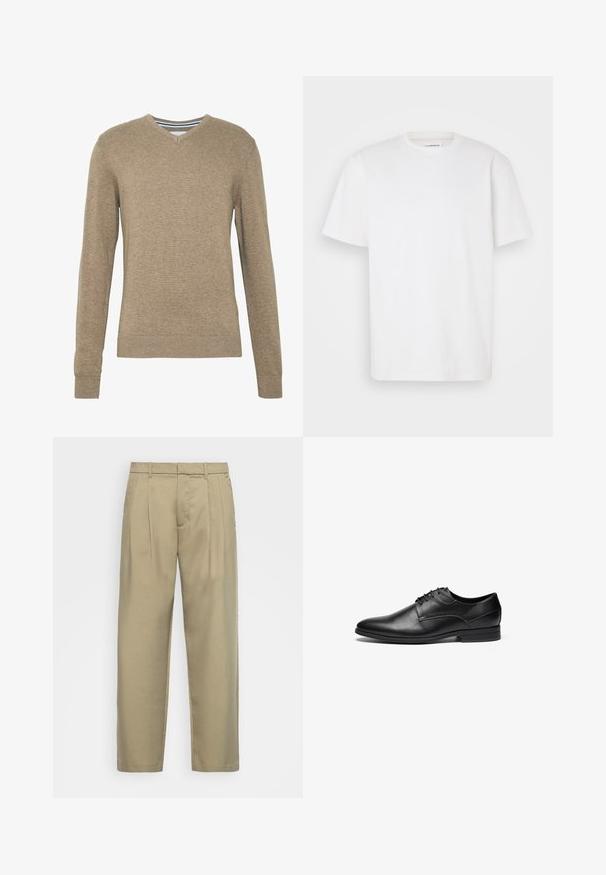 V-Ausschnitt Pullover aus weichem, hellbraunem Strickstoff, mit langen Ärmeln und gerippten Bündchen und Saum. Dezente Textur im gesamten Stoff.; Weißes T-Shirt mit kurzen Ärmeln aus Baumwolle, mit Rundhalsausschnitt und einem einfachen, geraden Schnitt ohne Muster oder Akzente.; Beige, hochgeschnittene Hose mit geradem Schnitt, flachem Bund, Seitentaschen und einem glatten, strukturierten Stoff.; Schwarze Leder- dressschuhe mit glatter Textur, abgerundeter Spitze und vier Ösen Schnürdesign. Verfügt über einen niedrigen gestapelten Absatz und genähte Details.
