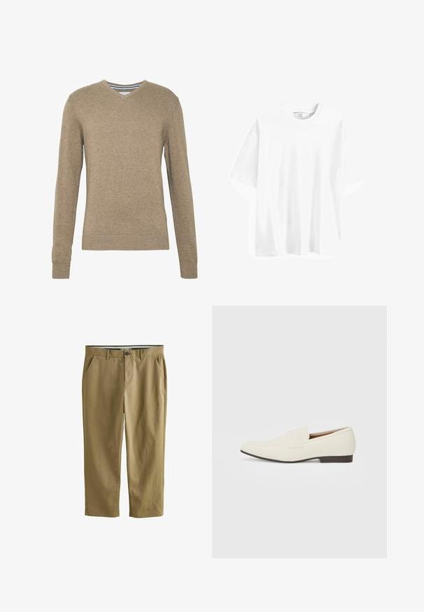 Sweter z dekoltem w kształcie V, wykonany z miękkiej, jasnobrązowej dzianiny, z długimi rękawami oraz ściągaczami przy mankietach i hemie. Subtelna tekstura w całym materiale.; Biała bawełniana koszulka z krótkim rękawem o okrągłym dekolcie, luźny krój i gładka faktura. Brak widocznych wzorów lub akcentów.; Khaki chinos wykonane z mieszanki bawełny, z dwiema kieszeniami bocznymi, zapięciem na guzik, prostymi nogawkami i gładką teksturą.; Jasne beżowe mokasyny z wąskim noskiem, gładkim materiałem, paskiem na wierzchu stopy oraz niską brązową podeszwą. Prosty design z minimalnymi akcentami.