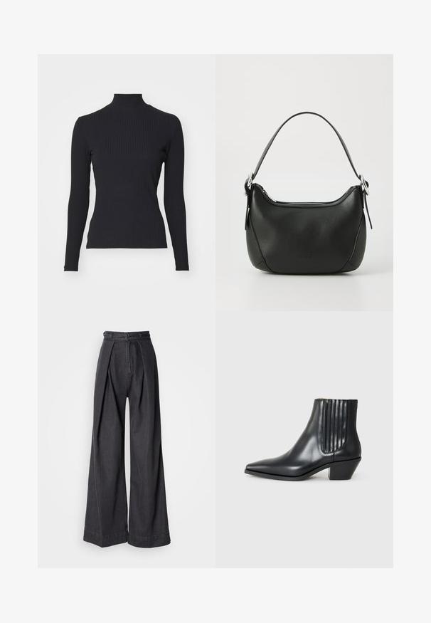 Schwarzes, geripptes Rollkragenoberteil mit langen Ärmeln. Aus dehnbarem Stoff mit figurbetonter Passform und hohem Kragen. Einfaches Design ohne Verzierungen.; Schwarze Jeans mit weitem Bein und hoher Taille, ausgestattet mit vorderen Falten und einem klassischen Reißverschluss. Knackige, glatte Textur mit sauberen Abschlüssen.; Schwarze Leder-Ankle-Boots mit spitzem Zehenbereich, seitlichen elastischen Einsätzen mit vertikalen Rillen und einem niedrigen Blockabsatz. Glatte Textur und elegantes Design.; Schwarze Ledertasche mit geschwungener Form, silbernem Reißverschluss und kurzem Griff. Verfügt über ein dezentes Logo auf der Vorderseite und eine glatte Textur.