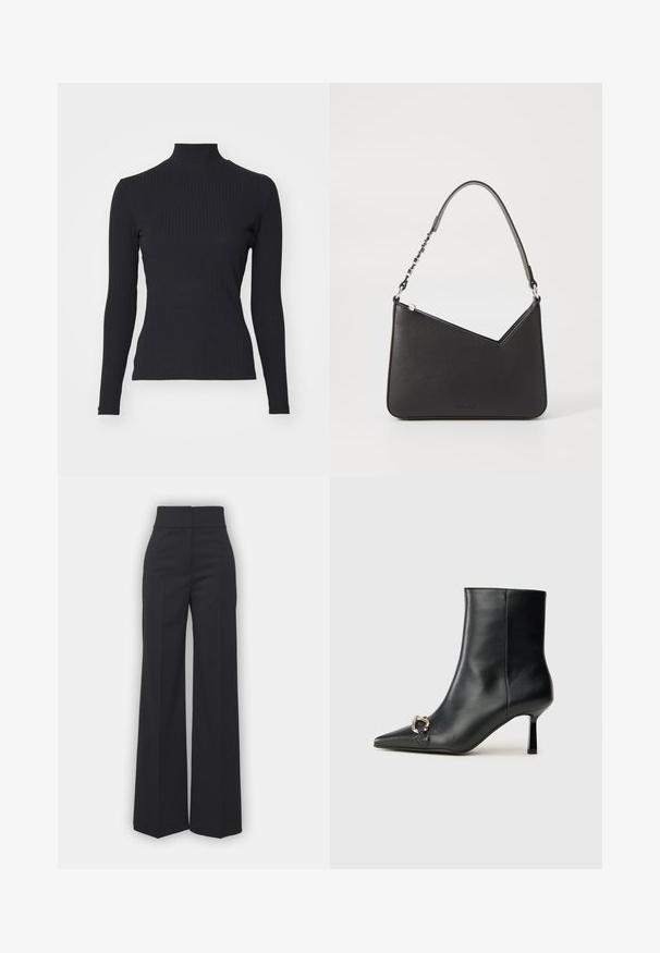 Top preto canelado com gola alta e mangas longas. Feito de um tecido elástico com um corte ajustado e gola alta. Design simples, sem adornos.; Calças largas em tecido preto com um cós alto, apresentando um acabamento limpo e uma textura suave. Sem hardware ou padrões visíveis.; Bota preta de couro até ao tornozelo com bico apontado, salto slim de altura média e detalhe em fivela prateada de lado, contra um fundo simples.; Bolsa de couro preta com formato triangular, alça fina e detalhes em metal prateado. Apresenta um fecho com zíper e logótipo em relevo na parte frontal.