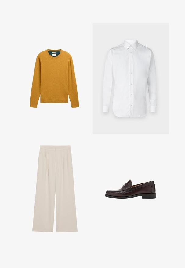 Senfgelbes Sweatshirt mit langen Ärmeln und rundem Halsausschnitt. Hergestellt aus weichem Stoff, mit gerippten Abschlüssen und einem kleinen Logo auf der Brust.; Weißes Hemd mit langen Ärmeln, aus glattem Baumwollstoff, mit einem klassischen Kragen und subtiler Glanz. Fünf Knöpfe vorne.; Beige weite Hose mit flachem Bund, Falten und elastischem Bund. Hergestellt aus einem leichten Stoff mit glatter Textur.; Braune Lederloafer mit runder Zehenform, dekorativen Nähten auf der Vorderseite und einer flachen Gummisohle für Unterstützung und Langlebigkeit.