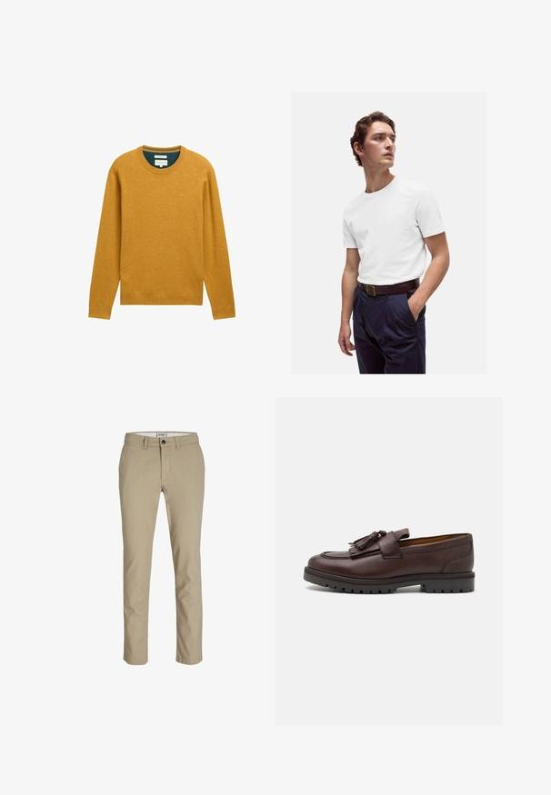 Suéter mostaza con mangas largas y cuello redondo. Hecho de una tela suave, presenta acabados de canalé y un pequeño logo en el pecho.; Camiseta blanca de algodón con cuello redondo, combinada con pantalones de traje azul marino con plisado y un cinturón de cuero marrón con hebilla dorada.; Pantalones de algodón beige con corte Slim Fit, con cremallera frontal, cierre de botón y cuatro bolsillos. Textura suave, sin patrones ni acentos.; Zign Mocasines elegantes - brown