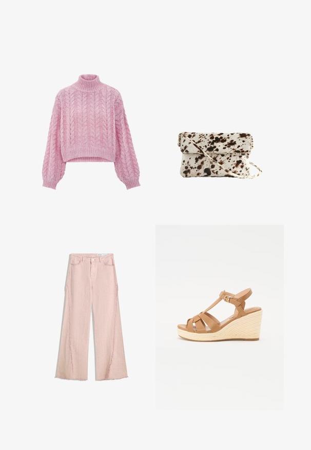 Svetra v svetlo roza barvi pletena z visokim ovratnikom, kablom in širokimi rokavi. Tkanina se zdi mehka in teksturirana. Kratka zasnova.; Svetlo roza široke hlače z žepi, z teksturiranim zaključkom in razcnim robom. Imajo zapiranje na gumb in zanke za pas.; Sandalice z večjim peto v bež barvi z navzkrižno naramnicami, nastavljivim paščkom okoli gležnja in teksturirano pleteno espadrillo-stil peto.; Ročna torba iz kravjega usnja s kremasto podlago in temno rjavimi madeži, pravokotne oblike, zložljiv pokrov in odstranljiv ramenski trak.