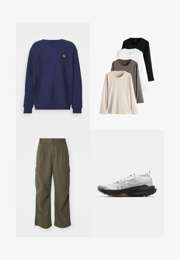 Carhartt WIP AMERICAN SCRIPT - Felpa - air force blue; Quattro camicie a maniche lunghe in beige, grigio, bianco e nero. Ognuna presenta un collo rotondo e un tessuto morbido e liscio.; Pantaloni cargo in verde oliva, realizzati in cotone, con un design a gamba larga, pieghe e tasche laterali per utilità.; Scarpa da corsa bianca con tomaia in rete traspirante, suola in gomma nera, imbottitura evidente e accentuazione gialla "Vibram" sulla suola intermedia.