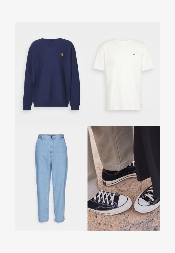 Carhartt WIP AMERICAN SCRIPT - Collegepaita - air force blue; Valkoinen puuvillapaita, jossa on pyöreä pääntie, lyhyet hihat ja pieni musta "W.W." -logo vasemmassa rinnassa. Sileä kangas, normaali istuvuus.; Vaaleansiniset farkut, joissa on rento istuvuus, korkea vyötärö ja suorat lahkeet. Ominaisuuksiin kuuluvat etutaskut ja metallinen napitus.; Mustat kangaskengät valkoisilla kumitossuilla ja nauhoilla. Kontrastiväriset ompeleet ja metalliset silmukat tuovat yksityiskohtia. Yhdistetty vaaleanbeigeihin housuihin ja mustaan kankaaseen.