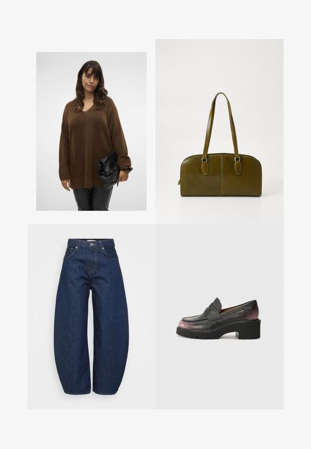 Bruine oversized gebreide trui met een V-hals en ribgebreide manchetten, gecombineerd met een zwarte opvouwbare clutch. Model draagt een strakke zwarte broek.; Hoge taille donkerblauwe denim jeans met wijde benen, voorzijde met knoop en ritssluiting en klassiek vijf-pocket ontwerp.; Zwarte leren instappers met een ronde neus, accentriem en een tonale gradient van zwart naar donkerroze bij de hak. Beschikt over een chunky zool.; Olijfgroene leren handtas met een ronde vorm, dubbele handvatten en een naadloze voorkant. Kenmerkt zich door een gladde textuur en subtiele stikdetails.; Zilveren oorbel met een gepolijste afwerking, met kleine gouden accentdetails en een ronde vorm, gedragen op de oorlel.