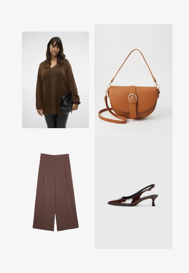 Pull en tricot oversize marron avec un col en V et des poignets côtelés, associé à une pochette noire à rabat. Le mannequin porte un pantalon noir ajusté.; Pantalons larges marron avec une texture lisse, dotés d'une taille haute et de plis à l'avant. Le tissu est léger et tombe de manière fluide.; Chaussure slingback en cuir verni marron avec un bout pointu et un talon modéré. Elle est dotée d'une sangle à boucle pour un ajustement sécuritaire. Texture lisse.; Sac bandoulière en cuir marron avec une forme incurvée, quincaillerie dorée et un accent en boucle. Comprend une bandoulière détachable.