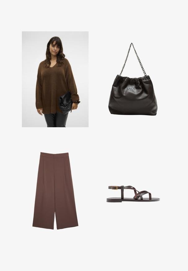 Rjava prevelika pletena pulover s V-izrezom in rebrovanimi manšeti, v kombinaciji z črno torbico na pregib. Model nosi oprijete črne hlače.; Rjave široke hlače z gladko teksturo, ki imajo visok pas in sprednje naborke. Tkanina je lahka in prosto pada.; Rjav usnjen sandal z načinom prečnega črta, zaklepom okoli gležnja in ravnim podplatom z minimalnimi šivi.; Rjava usnjena torba z nabranim vrhom in verižnim trakom. Gladka tekstura z sijajno površino in subtilnimi šivi na straneh.
