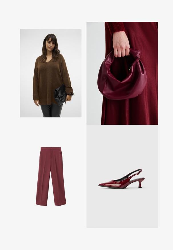 Jersey marrón oversized con escote en V y puños acanalados, combinado con un clutch negro de solapa. La modelo lleva pantalones negros ajustados.; Pantalones de pierna ancha color burdeos con una textura suave, que cuentan con bolsillos laterales y un diseño de cintura alta. Con un pliegue frontal limpio.; Zapatos de tacón slingback de charol burdeos con puntera afilada y elegante tacón de aguja. Diseño de espalda abierta con detalle de tira ajustable en el tobillo.; Bolso de cuero burdeos con un diseño suave y recogido y una forma redondeada. La asa está asegurada, mostrando una textura lisa.