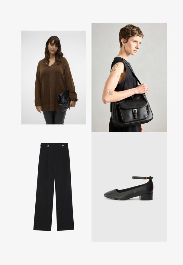 Smeđi oversized pleteni pulover s V-izrezom i rebrastim manžetama, uparen s crnom torbicom koja se preklapa. Model nosi uske crne hlače.; Crne hlače širokih nogavica s visokim strukom, s dugmadi na pojasu i prednjim nabora.; Crne kožne pumpe s oštrim vrhom i niskom blok petom. Sadrže remen oko gležnja s zlatnim kopčanjem. Glatka tekstura.; Crna kožna torba za rame s prednjim poklopcem, detaljem kopče i glatkom teksturom. Ima jedan remen za rame i minimalistički dizajn.