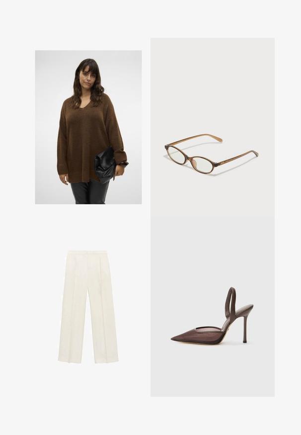 Brown oversized knit sweater with a V-neck and ribbed cuffs, paired with a black fold-over clutch. Model wears fitted black pants.; Wide-legged trousers in a light cream color. Made from a smooth fabric with pleats at the front and side pockets.; Brown slingback high heel shoe with a pointed toe and mesh overlay. Features a thin heel and an open section along the sides.; Brown tortoiseshell glasses with oval lenses, thin arms, and transparent accents. Features a subtle logo on the temple. Sleek, lightweight design.; White structured handbag with short handles and a shoulder strap, featuring gold hardware accents and textured material, displayed against a grey background.; Three hair clips: one black and white marbled, two tortoiseshell in brown and black hues, all made of glossy plastic with a textured finish.