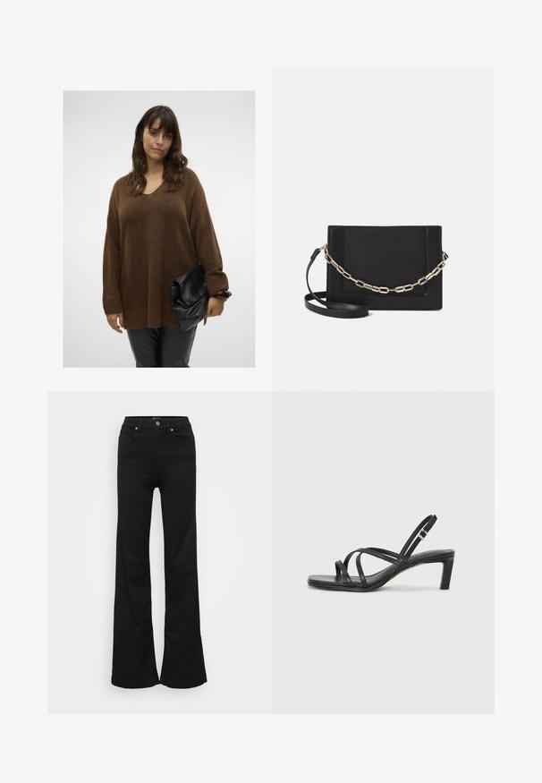 Pulover tricotat oversized de culoare marron, cu decolteu în V și manșete cu model, asortat cu o poșetă neagră cu pliuri. Modelul poartă pantaloni negri mulți.; Jeans negri evazați din denim, cu talie înaltă, cinci buzunare și închidere cu nasture metalic. Textură netedă, cu detalii minime.; Sandal cu barete negre, cu vârf pătrat și toc mic de bloc. Prezintă mai multe barete subțiri și o bareta ajustabilă la gleznă. Fabricat din piele netedă.; Geantă de umăr din piele neagră, cu o textură netedă, formă rectangulară și un detaliu din lanț metalic în față. Include curea reglabilă.