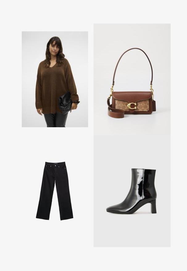 Bruine oversized gebreide trui met een V-hals en ribgebreide manchetten, gecombineerd met een zwarte opvouwbare clutch. Model draagt een strakke zwarte broek.; Zwarte denim wijde broek met een hoge taille, zichtbare stiksels en vier zakken. De stof heeft een zachte, gladde textuur met een minimale glans.; Zwarte gepolijste leren enkellaars met een spitse neus en een blokhak van gemiddelde hoogte. Glad textuur en minimalistisch ontwerp.; Bruine leren handtas met een gouden sluiting, voorzien van een gestreepte beige paneel. Inclusief een afneembare schouderband en een gegraveerd logo-tag.