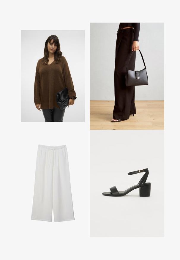Maglione oversize marrone a maglia con scollatura a V e polsini a costine, abbinato a una clutch nera pieghevole. Il modello indossa pantaloni neri aderenti.; Pantaloni bianchi a gamba larga realizzati in tessuto leggero, dotati di una vita elastica e di un cordino per una vestibilità regolabile. Texture liscia.; Sandalo nero con tacco alto, caratterizzato da una tomaia in pelle liscia, punta aperta, ampie fasce frontali e cinturino a caviglia regolabile con un dettaglio in fibbia dorata.; Borsa nera con forma strutturata, texture liscia e una chiusura metallica. Abbinata a pantaloni neri larghi e sandali open-toe su un pavimento in legno.