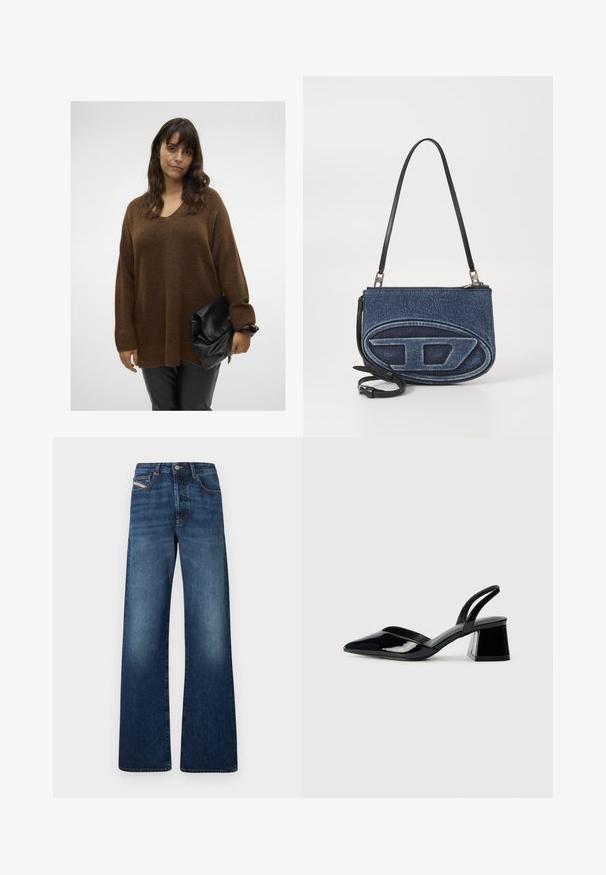 Pruun suur lõngane sveter V-kaelusega ja ribakäistega, paaritatud musta kokkupandava kotiga. Mudel kannab sobivaid musti pükse.; Lainelised teksapüksid tumedas sinises denimis, millel on kõrge vöökoht, viis taskut ja kontrastõmblused õmblustel.; Mustad musta lakknahk kingad, millel on terav varvas ja geomeetriline plokkkonts. Omab elegantselt minimalistlikku disaini ja sujuvat tekstuuri.; Denimist ristikotid musta nahkrihmaga, ees ovaalne logo kujundus ja pealmine tõmblukk. Tekstuuriga viimistlus.