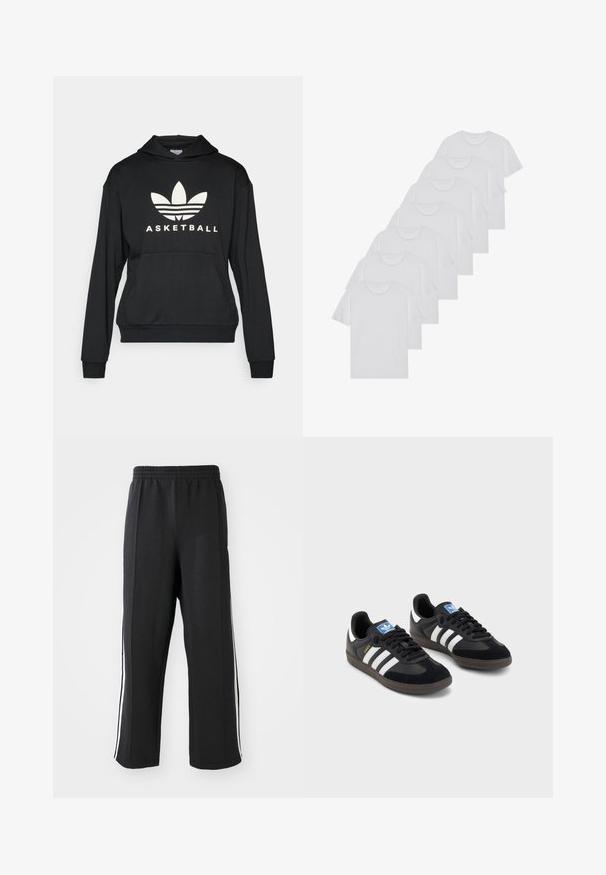 Sweatshirt preto com capuz apresentando um grande logotipo branco com um design de três folhas e a palavra "BASKETBALL". Feito de tecido suave com um bolso frontal.; T-shirts brancos de algodão, mangas curtas, design de gola redonda, com textura lisa, empilhados em fila, com uma marcação subtil na gola.; Calças de moletom pretas com um cós elástico, apresentando riscas laterais brancas e um corte descontraído. Feitas de um tecido macio e elástico.; Sneakers pretos com parte superior em camurça e sintético, apresentando três riscas brancas, sola de borracha texturizada e etiqueta azul no linguete.