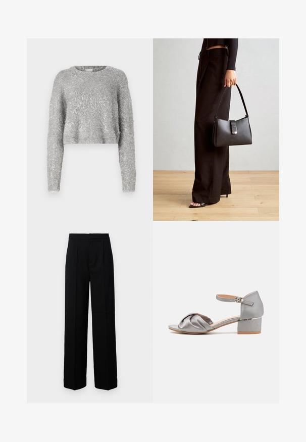 Sudraba īsais džemperis ar garām piedurknēm; pūkains audums un nedaudz spīdīga materiāla. Apaļš kakls, minimāla papildu detaļošana.; Melni plaši bikses ar gludu tekstūru, ar taisnu priekšpusi, krokām un pielāgotu jostasvietu. Nav redzamu aparatūras vai rakstu.; Pelēku satīna papēžu sandales ar mezgla priekšējo dizainu, regulējamu potītes siksnu un zemu platformu. Gluda tekstūra un minimālistisks stils.; Melnā somiņa ar strukturētu formu, gludu tekstūru un metālu sprādzi. Saskaņota ar platām melnām biksēm un sandālēm ar atvērtu purngalu uz koka grīdas.