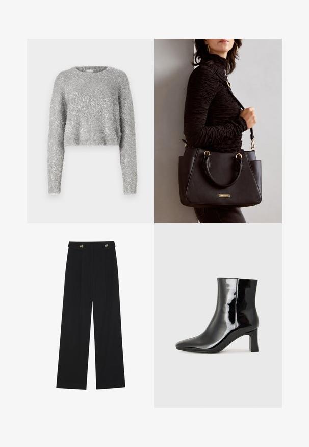 Srebrna skrajšana jopica z dolgimi rokavi; puhasto teksturo in rahlo sijoč material. Okroglo dekolte, minimalno dodatno okraševanje.; Črne široke hlače s visokim pasom, gumbnimi detajli na pasu in sprednjimi gubami.; Črne lakirane gležnjarje z ošiljenim nosom in srednje visokim blokastim peto. Gladka tekstura in minimalističen dizajn.; Črna torbica z teksturirano površino, z dvema zgornjima ročajema in nastavljivim ramenskim pasom. Ima zlatovrateče dodatke in stranske žepe.