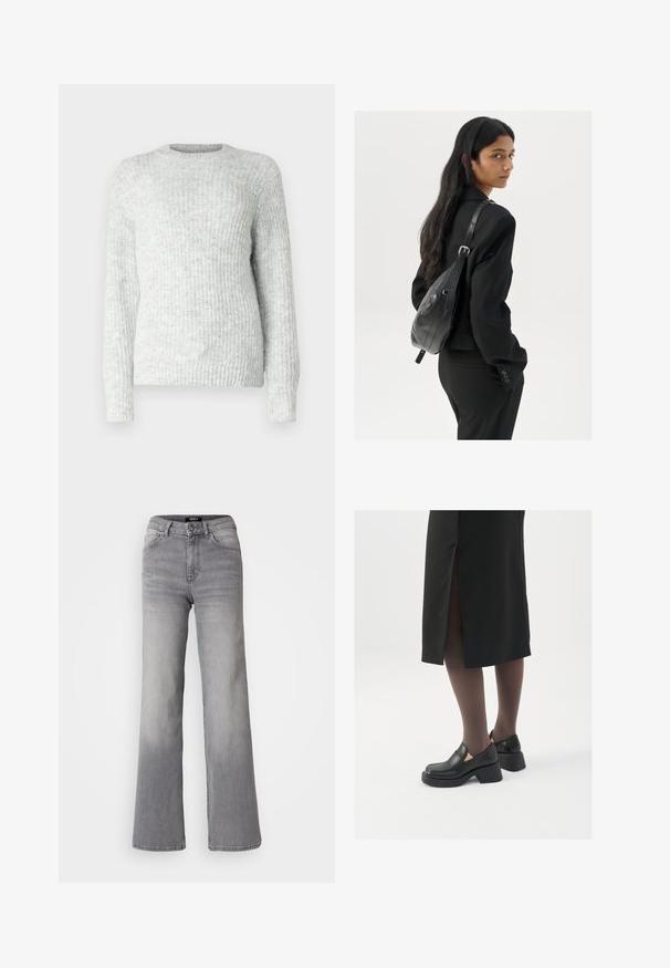 ONLY ONLMAGGIE LIFE O NECK - Stickad tröja - light grey; Högmidjade raka grå denimjeans med framknapp och dragkedja, fram- och bakfickor samt urtvättad nyans på låren och vristerna.; Svarta läderskor med rund tå, tjock klack utan häl och elastiska sidodetaljer, kombinerat med mörka strumpbyxor och en svart kjol med slits.; Kvinna med långt mörkt hår, klädd i en svart dräkt, bärandes en svart läderaxelväska, tittar över axeln mot en vit bakgrund.