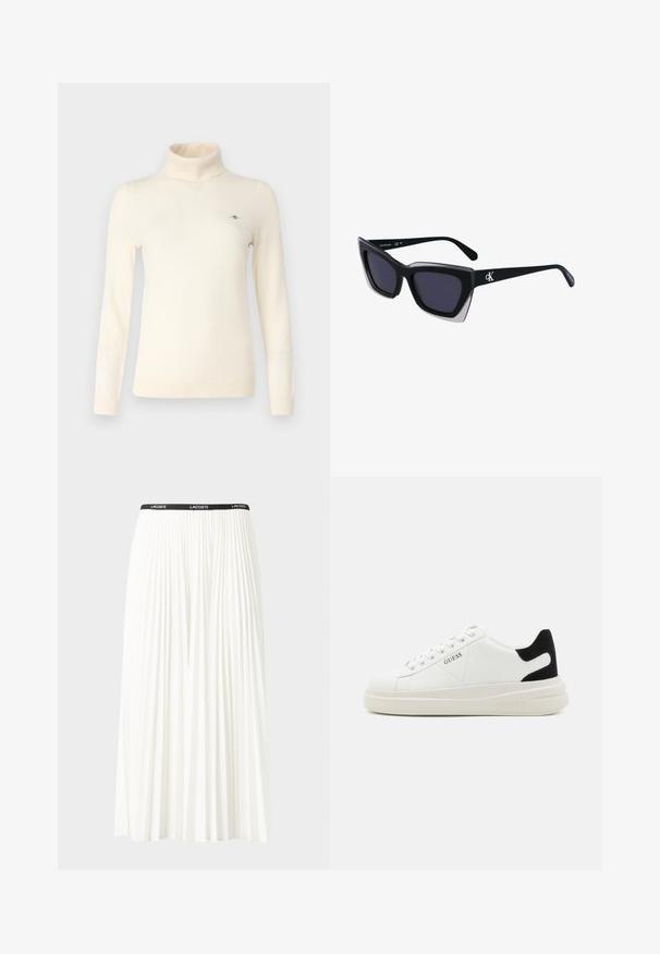 Cream turtleneck sweater made of soft knit fabric. Features long sleeves, a fitted design, and a small logo detail on the chest.; Pleated white skirt with a black elastic waistband featuring the "LACOSTE" logo. Mid-length design with soft texture.; White leather sneakers with a thick white sole, black suede heel accent, and embossed logo on the side. Laced design with six eyelets.; Black oversized sunglasses with a geometric shape, featuring dark lenses and a contrasting grey detail on the frame. Logo on the arm.