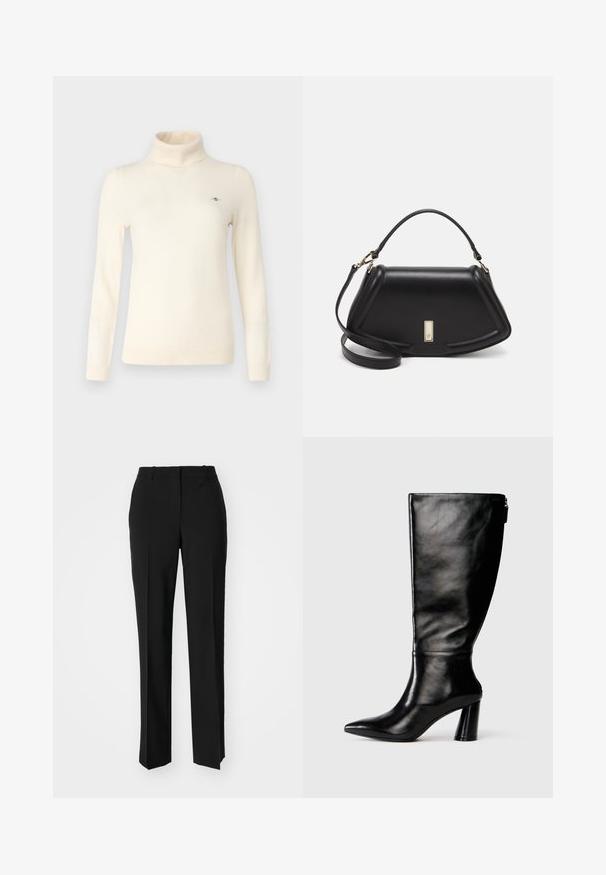 Cremefarbener Rollkragenpullover aus weichem Strickstoff. Mit langen Ärmeln, figurnaher Passform und einem kleinen Logo-Detail auf der Brust.; Schwarze, taillierte Hose mit geradem Bein, aus einem glatten Stoff und mit klaren Falten an der Vorderseite. Keine sichtbare Hardware.; Knöchelhohe schwarze Lederstiefel mit einer spitzen Zehe, glatter Oberfläche und einem klobigen Absatz. Verfügt über einen Reißverschluss hinten.; Schwarze Lederhandtasche mit einem strukturierten Design, das eine verkürzte Form, einen oberen Griff und goldfarbene Hardware-Details aufweist. Verstellbarer Schulterriemen ist enthalten.