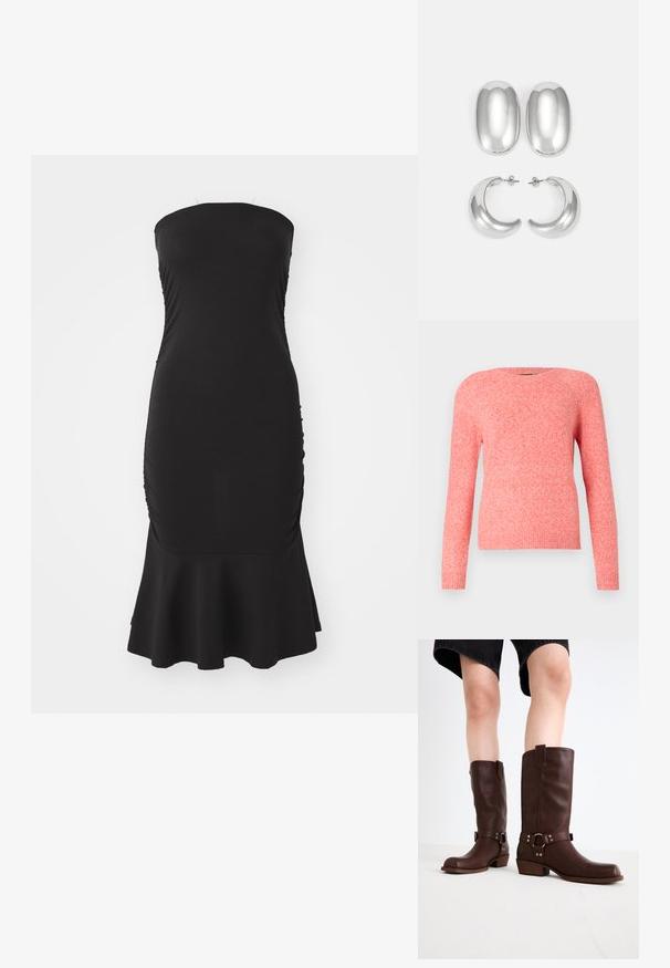 Rózsaszín, hosszú ujjú kötött pulóver, kerek nyakkivágással és bordás mandzsettákkal, valamint aljjal. Puha tapintású, enyhén melírozott megjelenéssel.; Fekete, pánt nélküli ruha rugalmas anyagból, oldalt ráncolással és bővült szegéllyel. Sima textúra, testhez simuló fazon.; Barna bőr, térd feletti csizmák kerek orral, textúrázott felülettel, bokapánttal és ezüst hardware részletekkel; rétegezett sarokkal.; Ezüst színű fülbevaló szett: két ovális stud és két félhold alakú karika, fényes, sima felülettel és kerekdeden formával.