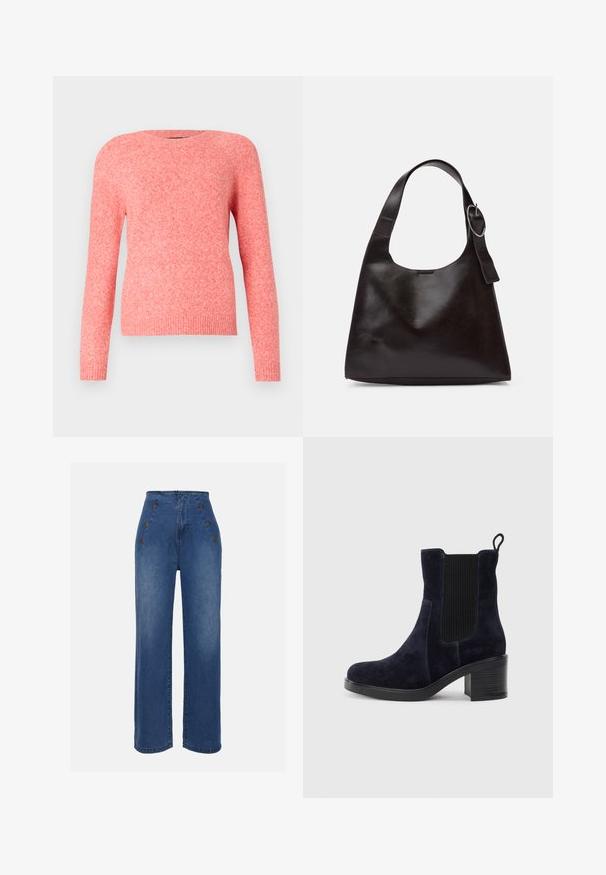 Vaaleanpunainen neulepusero, jossa on pitkät hihat, pyöreä pääntie sekä ribbien hihansuut ja helma. Pehmeä rakenne, jossa on aavistuksen heather-tyylinen ilme.; Korkeavyötäröiset farkut keskilevyisessä sinisessä sävyssä. Varustettu etusolmukkeilla ja leveälahkeisella muotoilulla. Kangas on sileä, ja siinä on hieno haalistuminen.; Tummansininen mokkanahkasaapas nilkkapituisena, jossa on joustava sivupaneeli, pyöreä kärki ja lohkaremmäinen korko. Teksturoidun kankaan ja sileän pohjan kontrasti tuo lisää ilmettä.; Ruskea nahkainen olkalaukku, jossa on sileä rakenne, pyöreä muoto, leveä hihna ja pyöreä metallikoriste kahvassa.