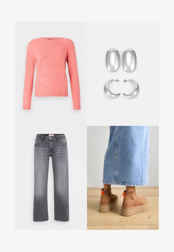 Rožinė megzta švarkelis su ilgomis rankovėmis, apvalia iškirpte ir raukinėtais rankogaliais bei apačia. Minkšta tekstūra su šiek tiek heathered išvaizda.; Pilki džinsai su tiesiais džinsinių kojų dizainu, penkių kišenių stiliumi, subtiliu išblukimu ir sagčių uždarymu ties juosmeniu.; Rudos zomšiniai platforminiai batai su elastingomis šoniniais panirais ir oranžinėmis kilpomis, derinami su kelio ilgio šviesių džinsų sijonu ant medinių grindų.; Sidabro spalvos auskarų rinkinys: dvi ovalios sagtys ir dvi pusmėnulio formos apyrankės, pasižyminčios blizgiu, lygiu paviršiumi ir suapvalinta forma.