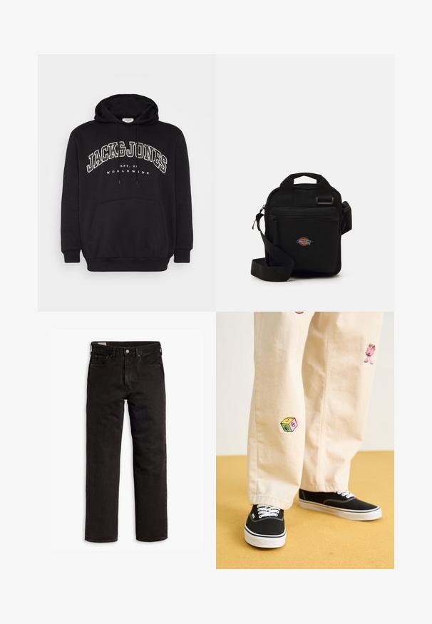 Črna kapuca iz mešanice bombaža. Ima sprednji kenguru žep, kapuco z vrvico in belo natisnjen logotip blagovne znamke na prsih.; Črne kavbojke ravnega kroja z žepi, gumbnim zapiranjem in zankami za pas, ležijo položene na belem ozadju.; Bežna bombažna hlače z igrivimi vezeninami, ki vključujejo roza lik in barvni blok, v kombinaciji s črnimi čipkastimi športnimi copati.; Črna crossbody torba z zadrgo, pravokotne oblike, izdelana iz blaga, z logotipom na sprednji strani, nastavljivim ramenskim trakom.