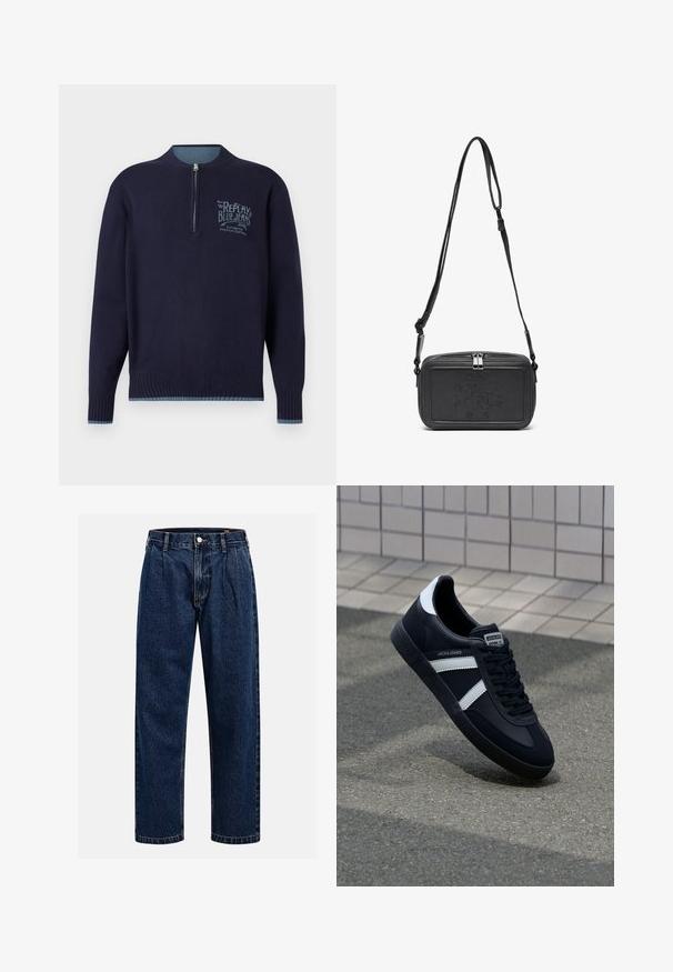 Pulover lung cu mânecă lungă, de culoare albastru marin, cu fermoar în sfert, mansete și tiv ribbate, și logo-ul de culoare albastră deschis "Replay Blue Jeans" pe pieptul stâng.; Tricou din bumbac crem, cu mâneci scurte și decolteu rotund. Prezintă un print grafic în nuanțe de albastru și roșu, cu text și un motiv.; Jeans din denim albastru închis cu un design drept. Prezintă cusături vizibile, închidere cu buton și pliuri frontale pentru un detaliu suplimentar.; Sneaker din piele neagră cu dungi albe, talpă din cauciuc texturat și șireturi. Prezintă un eticheta de marcă pe limbă.; Geantă din piele neagră, tip crossbody, cu închidere cu fermoar, logo embosat pe față și curea ajustabilă. Textură netedă și formă rectangulară.