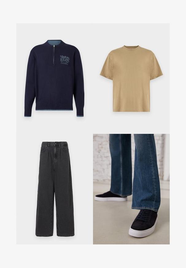 Pullover azul-marinho de manga longa com fecho de meio zíper, punhos e bainha canelados, e logótipo azul claro "Replay Blue Jeans" no lado esquerdo do peito.; Camiseta de mangas curtas em caqui, feita de tecido suave, com decote redondo e um corte descontraído. Sem padrões ou gráficos visíveis.; Calças de ganga pretas de perna larga e cintura alta, com fecho frontal de botão e zipper, apresentando bolsos laterais e uma textura suave.; Tênis de camurça azul escuro com sola de borracha branca e atacadores, combinados com jeans de perna larga em um tom de azul médio.