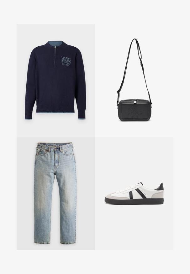 Pullover a maniche lunghe blu navy con zip a un quarto, polsini e orlo a coste, e logo "Replay Blue Jeans" azzurro sul petto sinistro.; Jeans in denim azzurro chiaro con vita alta, bottone anteriore, cerniera e design a cinque tasche, adagiati su uno sfondo neutro.; Sneaker bianco con accenti neri e grigi, dotata di una punta grigia testurizzata, suola in gomma nera e lacci bianchi piatti. Design pulito, stile minimalista.; Borsa a tracolla nera in pelle con chiusura zip, logo impresso sul davanti e tracolla regolabile. Texture liscia con forma rettangolare.