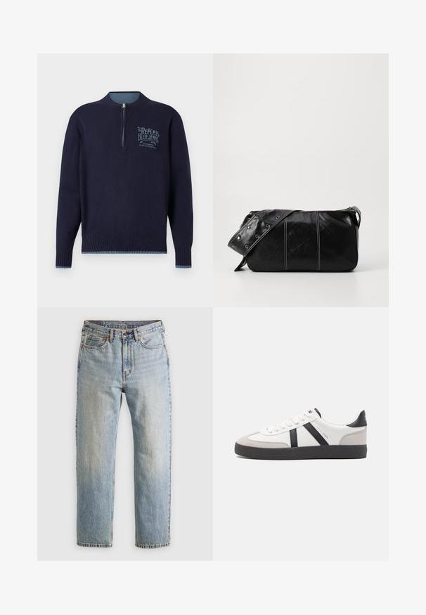 Dunkelblauer Langarm-Pullover mit Viertel-Reißverschluss, gerippten Bündchen und Saum sowie einem hellblauen "Replay Blue Jeans"-Logo auf der linken Brust.; Helle blaue Jeans mit hoher Taille, Frontknopf, Reißverschluss und fünf Taschen-Design, flach auf einem neutralen Hintergrund ausgelegt.; Weiße Sneaker mit schwarz- und grau-aczenten, ausgestattet mit einer strukturierten grauen Zehenkappe, schwarzer Gummi-Sohle und flachen weißen Schnürsenkeln. Sauberes Design, minimalistische Stil.; Schwarze Leder Schultertasche mit Reißverschluss, ausgestattet mit einer strukturierten Oberfläche, weißen Nähten und einem Tragegurt mit silbernen Ösen.