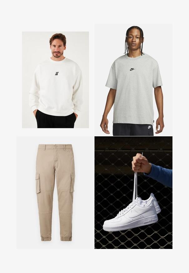 Biała bluza z małym czarnym logo na piersi, okrągłym dekoltem i luźnym krojem, wykonana z miękkiego materiału.; Młoda osoba z warkoczami, ubrana w jasnoszary t-shirt Nike i czarne spodenki Nike, na jednolitym białym tle.; Beżowe spodnie cargo z lekkiego materiału bawełnianego. Posiadają elastyczne mankiety, wiele bocznych kieszeni oraz zapięcie na guzik.; Białe skórzane sneakersy z perforacjami, okrągłym noskiem, płaską podeszwą i grubymi sznurówkami, z widocznym logo swoosh i napisem „AIR” na pięcie.