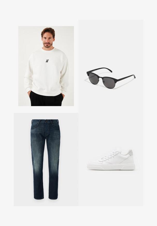 Sweatshirt blanc avec un petit logo noir sur la poitrine, à col rond et coupe décontractée, fabriqué en tissu doux.; Jean en denim droit bleu foncé avec un léger décoloration aux cuisses et aux genoux, fermeture par bouton et zip à l'avant, et style five-pocket.; Des baskets en cuir blanc avec une finition lisse, un bout rond, des lacets plats et une semelle texturée. Accents en daim gris au niveau du talon.; Lunettes de soleil noires avec des verres ronds, finition mate et une forme distinctive en œil de chat. Monture fine avec un logo discret sur la branche gauche.