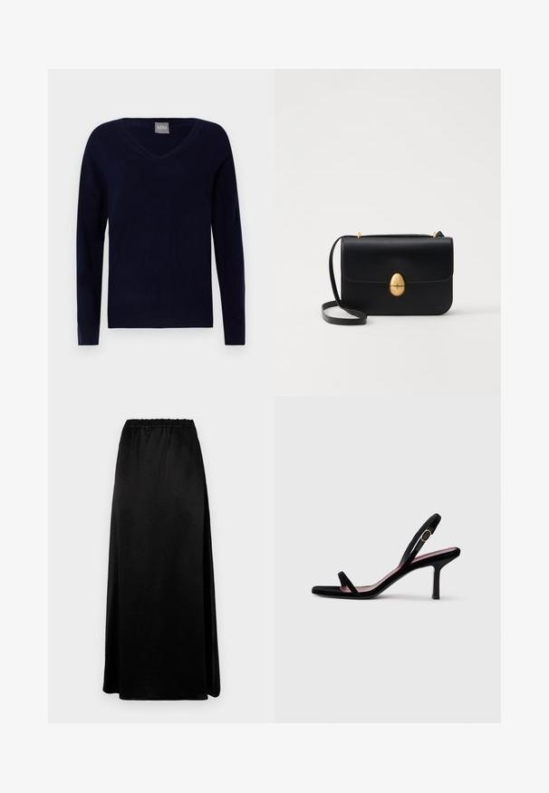 Tengeri V-nyakú pulóver, puha kötött anyagból; hosszú ujjakkal és egyenes aljjal rendelkezik, bordás részletekkel az ujjaknál és az alján.; Hosszú fekete szoknya sima, gyűrött textúrával és rugalmas derékpánttal. Oldalsó hasítékkal rendelkezik a mozgás könnyedsége érdekében, és karcsú sziluettet kölcsönöz.; Fekete velúr női magassarkú szandál slim pántokkal és arany csattal, fehér háttér előtt, oldalnézetben.; Fekete bőr kézitáska, struktúrált, téglalap alakú formával. Arany ovális kapoccsal és vékony vállpánttal rendelkezik. Sima textúrájú.