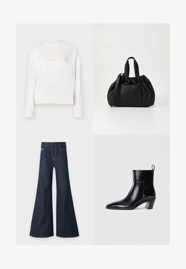 White sweatshirt made of soft fabric, featuring a round neckline, long sleeves, and "Barbour International" logo in light pink.; Dark blue flared jeans made of denim, featuring a high waist, gold stitching accents, and two front pockets with a button closure.; Black leather ankle boot with a pointed toe, a geometric stacked heel, and a pull tab at the back. Smooth texture and sleek design.; Black leather handbag with a gathered top design, featuring two short handles and a long adjustable strap. Smooth texture, rounded shape.