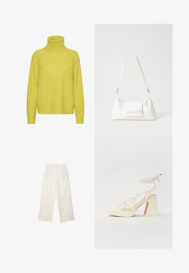 Limeta zelena pulover z visokim ovratnikom, izdelan iz mehkega blaga, ponuja sproščen fit, dolge rokave ter rebraste manšete in spodnji del.; Hlače širokih nogavic iz kremaste tkanine z gladko teksturo, z enim sprednjim gumbom, diskretnimi plisami in visokim pasom.; Bela sandala na visokih petah s debelim petam, ki ima obliko trakcev in vezanje okoli gležnja. Gladka tekstura z platformo spredaj za dodatno višino.; Bela sintetična torbica v obliki trikotnika, z ravnim sprednjim poklopcem in detajlom mašne, nastavljivim trakom, gladko teksturo in minimalističnim dizajnom.; Zlatov chronatost ovratnik, ki vključuje nepravilno teksturirane povezave z Y-oblikovanim spuščanjem, poudarjeno s centralnim obeskom, ki spominja na plasteh kovancev.