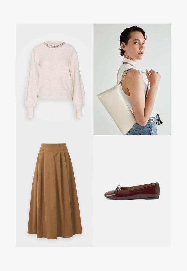 Cream-colored sweater with a ribbed texture, long balloon sleeves, and a decorative beaded neckline. Exudes a soft, cozy appearance.; Brown cotton A-line skirt with a high waist, featuring pleats down the front and a smooth texture. Hem finishes are clean and simple.; Burgundy patent leather ballet flat with a rounded toe, small bow accent at the front, and a low, black rubber sole. Smooth texture.; White rectangular clutch bag made of glossy material, featuring a silver chain strap. Model poses, showcasing the bag against a plain background.