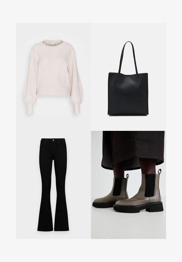 Cremefarbenes Sweatshirt mit geriffelter Textur, langen Ballonärmeln und dekorativem, mit Perlen verziertem Ausschnitt. Strahlt ein weiches, gemütliches Aussehen aus.; Schwarze hochtaillierte Jeans mit einem Knopf- und Reißverschluss, Fronttaschen und ausgestellten Beinen, flach auf einem weißen Hintergrund ausgelegt.; Graue Knöchelstiefel aus strukturiertem Leder mit elastischen seitlichen Einsätzen und einer klobigen schwarzen Sohle. Mit Zugschlaufen für einfaches An- und Ausziehen.; Schwarze Laptoptasche aus Leder mit glatter Textur, rechteckiger Form und zwei langen Griffen. Keine sichtbaren Beschläge oder Verzierungen.