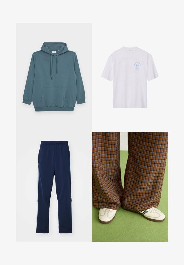 Sudadera color teal con capucha ajustable, mangas largas, un bolsillo tipo canguro en la parte frontal y puños y dobladillo acanalados en una tela suave.; Camiseta de algodón blanca con un diseño gráfico azul en el lado izquierdo del pecho que dice "Dumpling Oasis" con acentos de dibujos animados simples. Mangas cortas.; Pantalones de chándal azul marino, confeccionados en tejido elástico, con una ancha cintura elástica, corte recto y ligeros paneles laterales con logotipos.; Pantalones de pata de elefante de cuadros marrones y azules combinados con zapatos blancos con detalles en negro y suelas texturizadas, sobre un fondo verde.